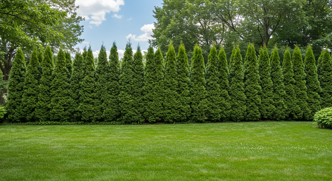 Lush Green Giant Arborvitae privacy screen recently installed by Galaxy Landscaping in Bucks County, PA, creating a natural fence.